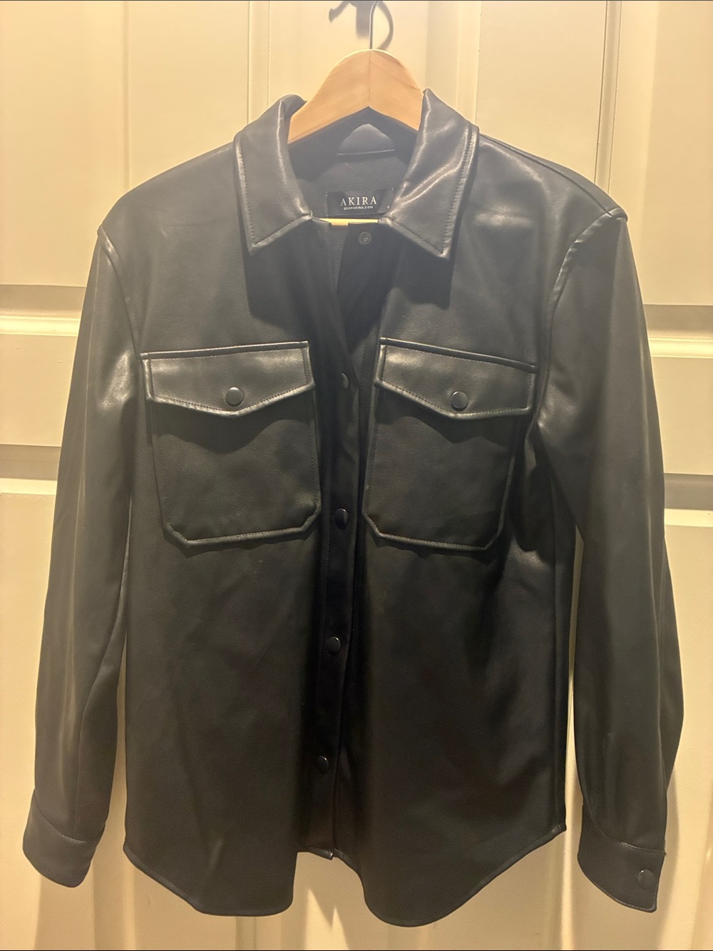 AKIRA Black Faux Leather Shirt Jacket with Flap Pockets